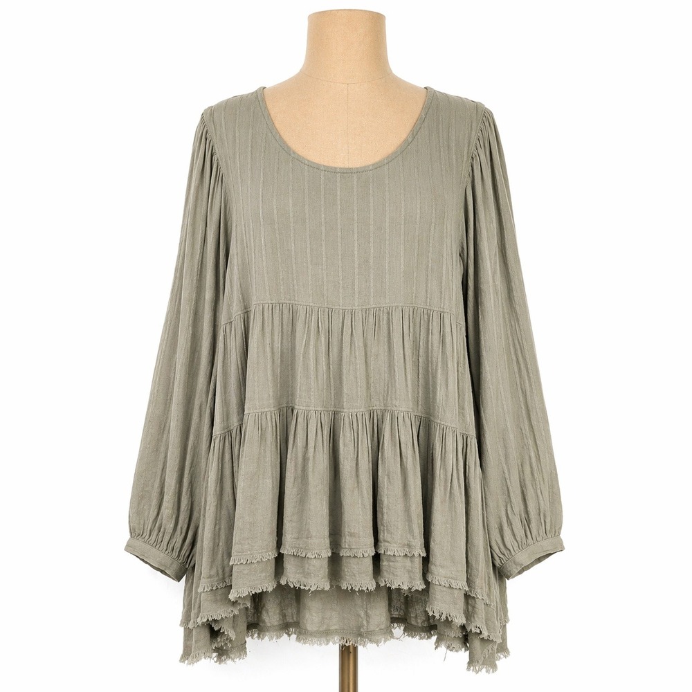 Long Sleeve Tiered Babydoll Top Size S Green Open Back Cottagecore Indie Boho
